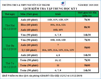 Lịch kiểm tra học kỳ I năm học 2019 - 2020